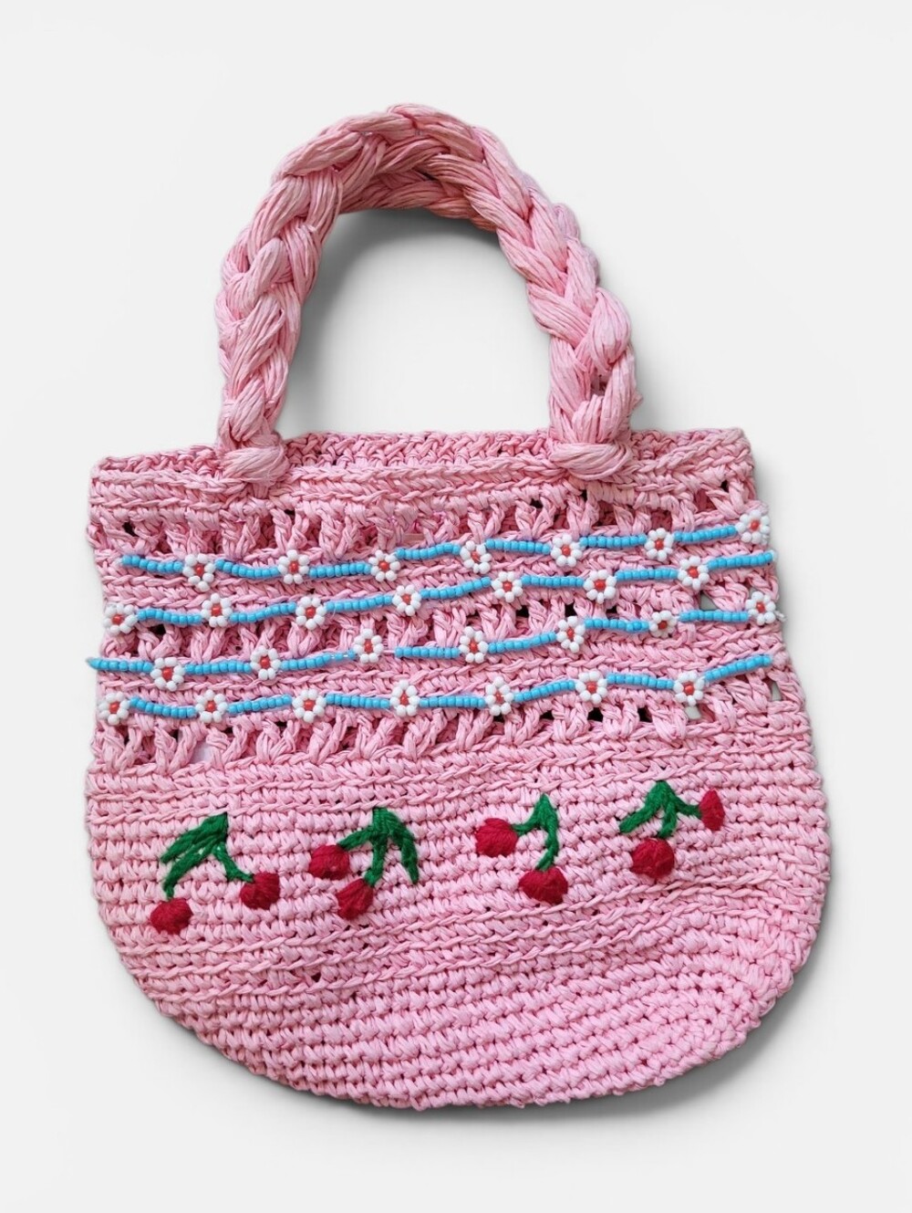 Urban Outfitters Pink Cherries Beaded Woven Paper Purse Boho Cherry Flowers